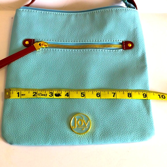 JOY MANGANO Aqua Blue w/Tan Trim Pebbled Leather CROSSBODY Shoulder Bag - Picture 3 of 6